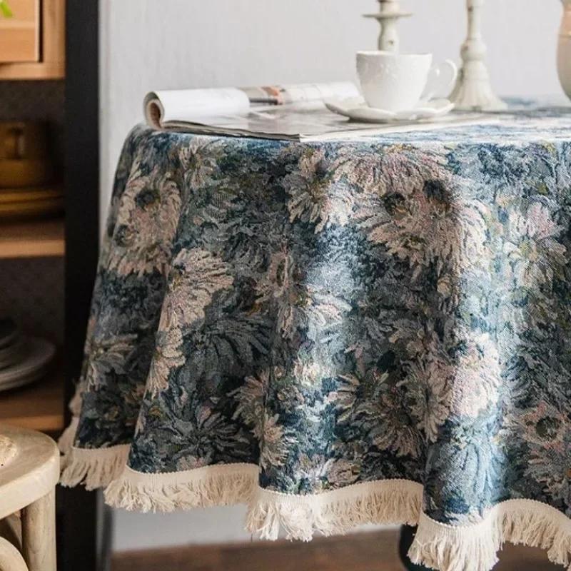 Round Retro Pastoral Tablecloth Square European American Cotton Linen Dining Table Tassel Cover Tea Table Writing Desk Table Mat