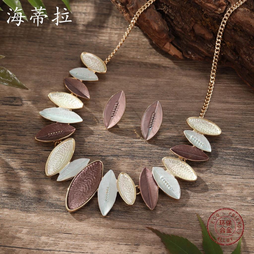 New Color Painting Olive Leaf Stud Earrings Necklace Set, Small Fresh Women's Versatile Neck Chain