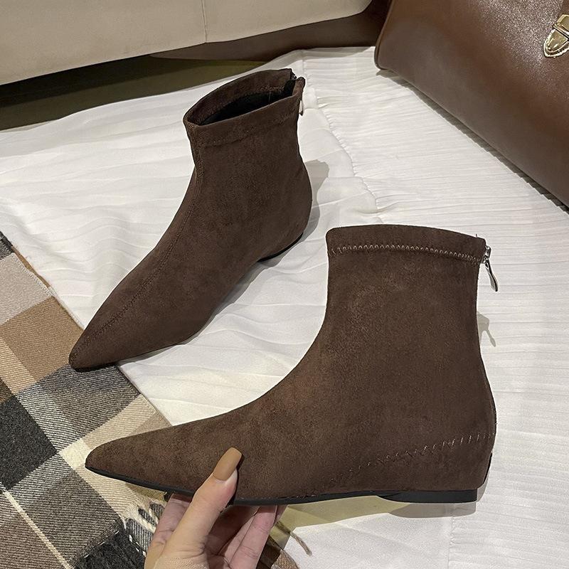 Inner height increase pointed thin boots short boots women's autumn and winter new suede elastic boots French foreign versatile small naked boots