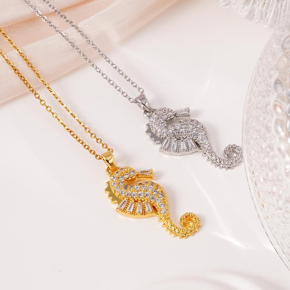 Creative Imitation Pearl Zircon Seahorse Starfish Pendant Necklace Stainless Steel Chain Jewelry Gifts for Women Teen Girls
