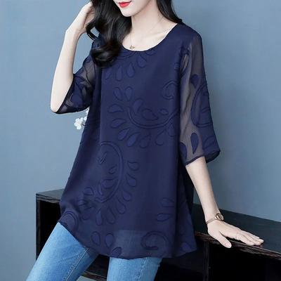 Blusa Holgada de Color Sólido Coreana Verano Casual Manga Media Ropa Femenina Elegante Patchwork Cuello Redondo Commute Camisa Midi