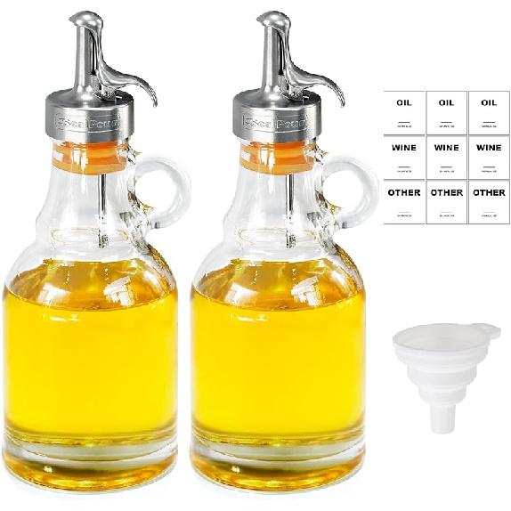 Olive Oil Dispenser Bottle,Glass Oil Dispenser with Stainless Steel Spouts, Funnel and Labels for Kitchen, Oil Dispenser Bottle with Drip Free Spouts B3500-P3622