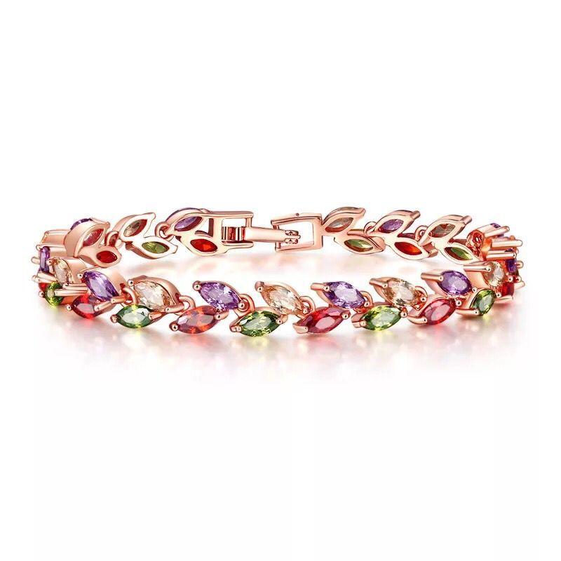 MxGxFam Rose Gold Color Full CZ Red Olive Leaves Bracelets for Women 17  Cm / 19 Cm AAA+ Cubic Zircon