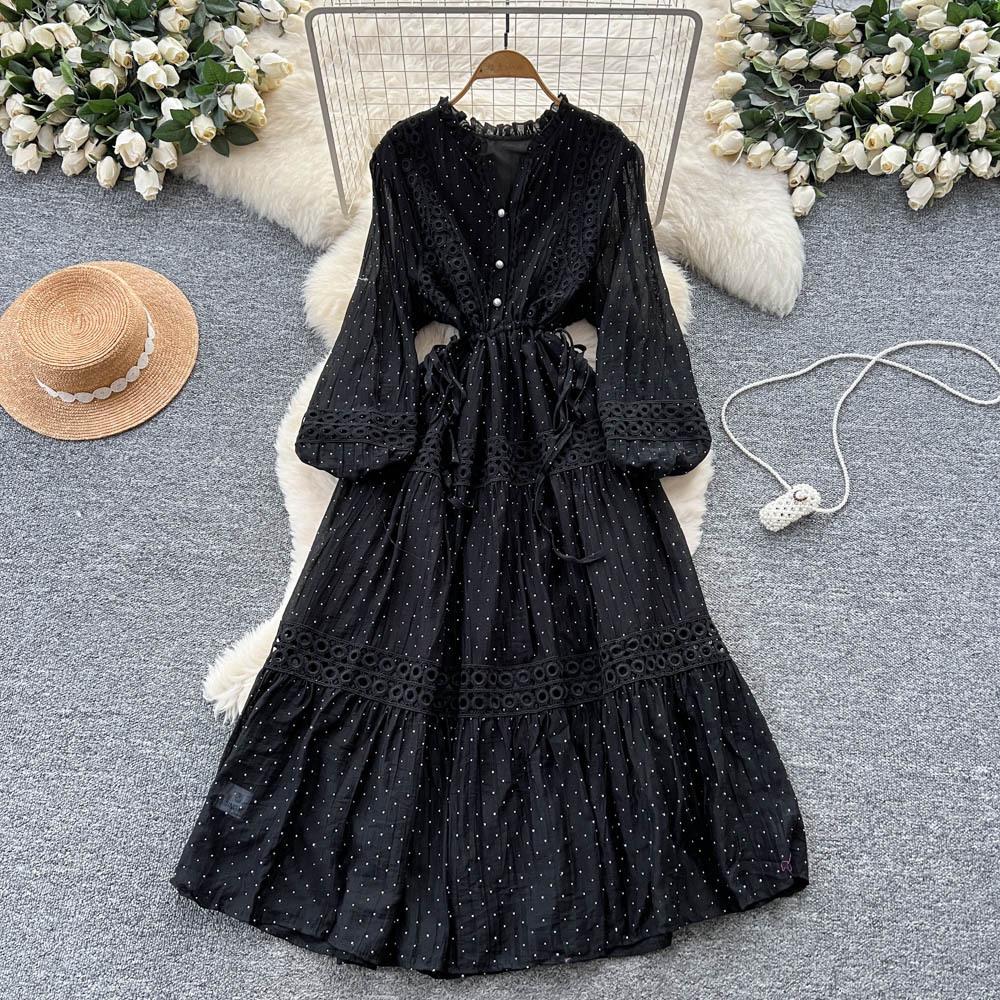 French Court Style Bubble Sleeve Dress Women's Autumn Hollow Crochet Drawstring Waist Temperament Beautiful and Chic Long Dress