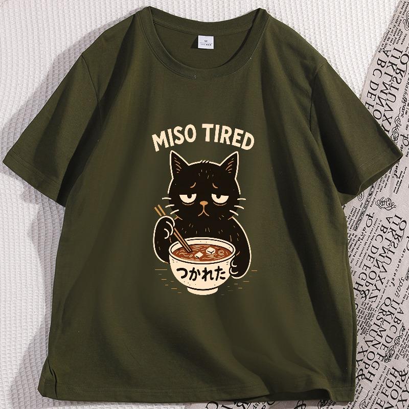 Funny Cat T Shirt Cotton Miso Tired Ramen Tee Kawaii Japanese Food TShirt Foodie Graphic Tees Streetwear Clothing Y2k Clothes