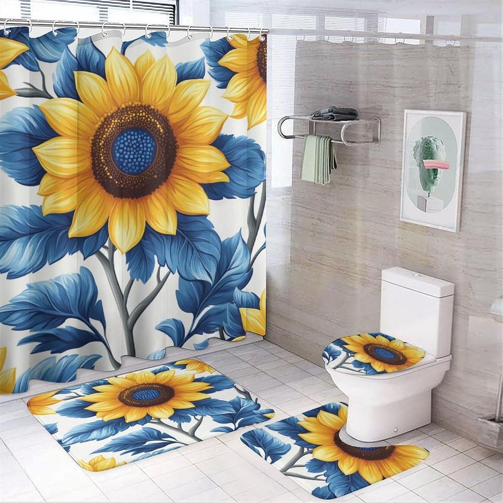 Bathroom Curtain And Rug Set, Sunflower Pattern Printed On Shower Curtain And Bath Mat Set, Designed For Farmhouse Contemporary