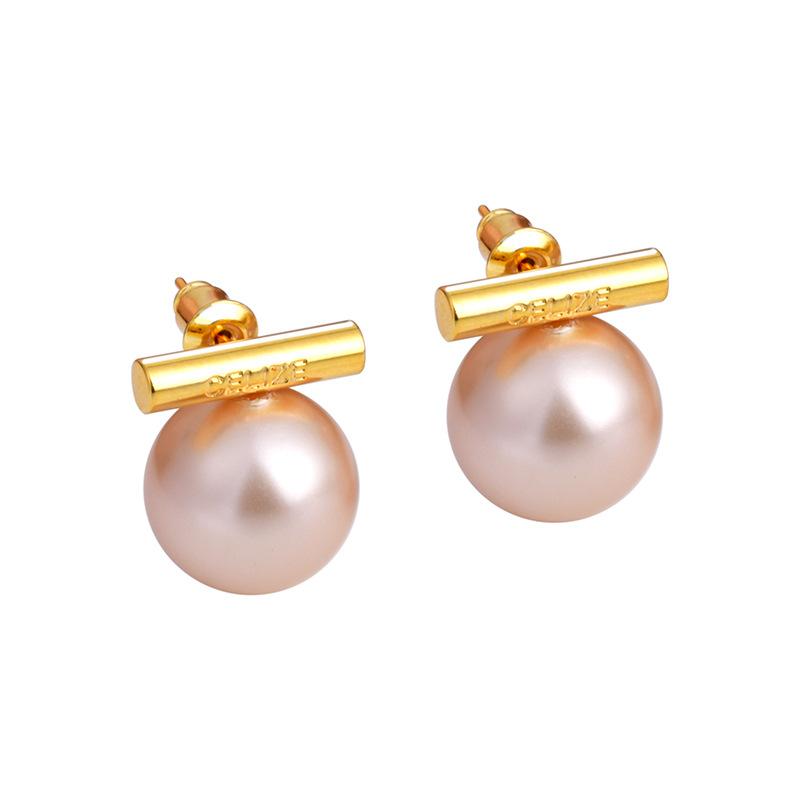 2026 Minimalist French Pearl Stud Earrings - Gold Bar Pinkish Faux Pearl Drop Earrings for Women Light Luxury Jewelry