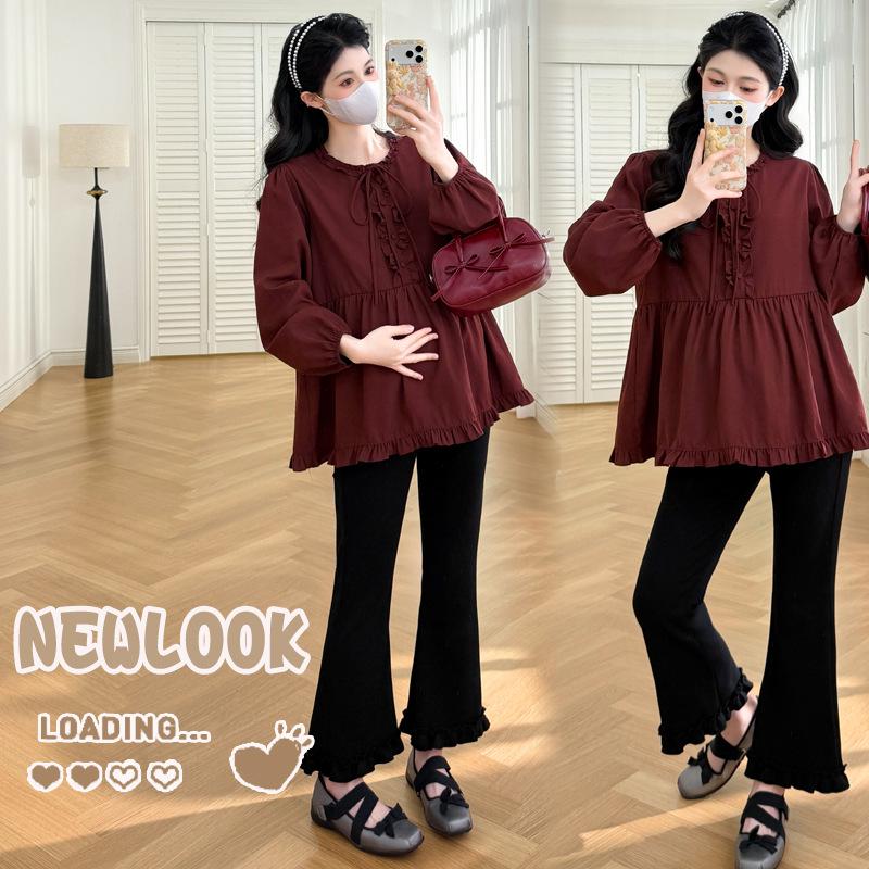 2026 Spring Maternity Red Ruffle Patchwork Doll Top 2XL
