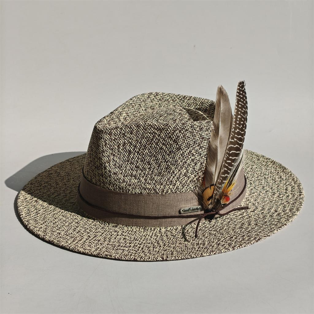 Handgeweven Hoed Veer Accessoire Mannen Breedgerande Panama Jazz Hoed Buiten Zonbescherming Stro Hoed Unisex Stijl voor Lente & Zomer
