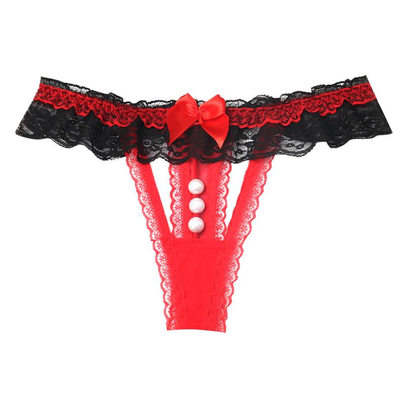 Transparent Lace Low-Waist Women's Thong with Pearl Massage Feature