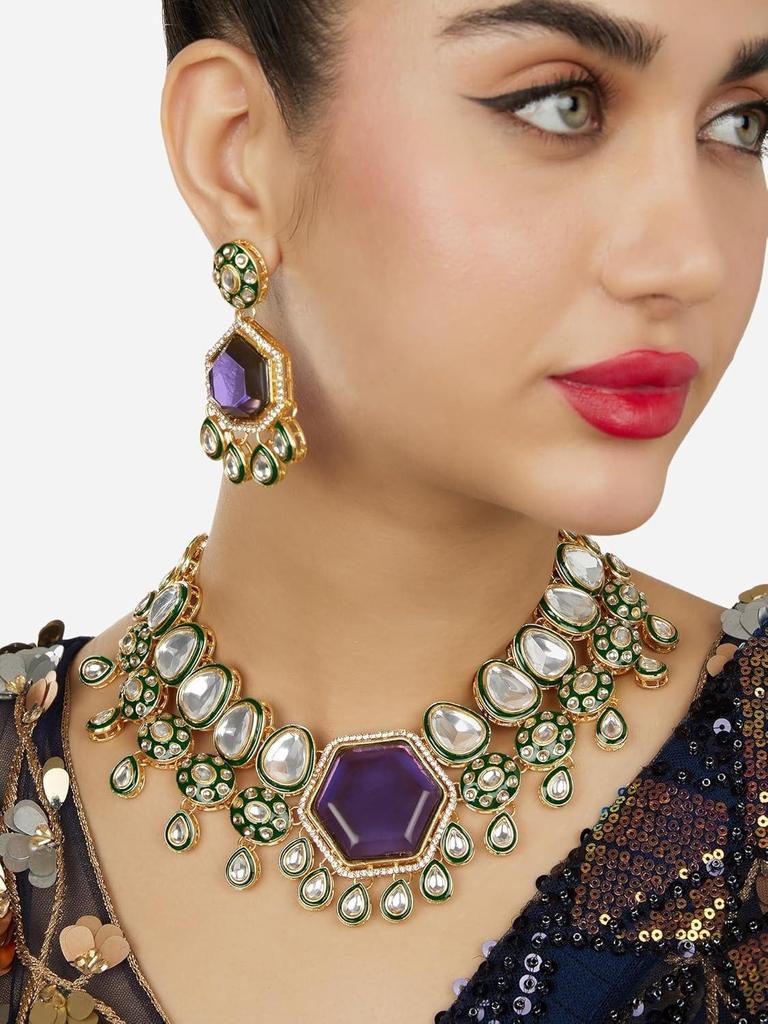 Purple Stone Green Meenakari Austrian Diamonds Necklace & Earring Set For Women
