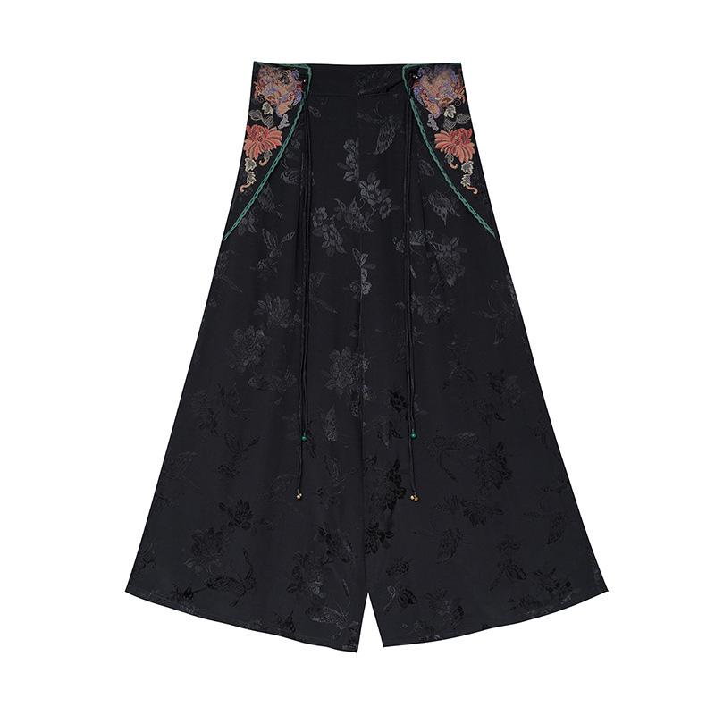 Women's Ethnic Style Embroidered Wide-Leg Pants - Casual Retro Long Trousers