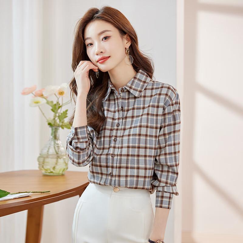 Telorrman Women s Contrast Plaid Lapel Long-Sleeve Blouse One Size