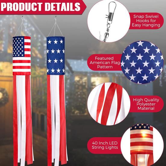 Amerikanische Flaggen-Windsock mit LED-Lichtern, große rot-weiß-blaue patriotische Windsocke für den 4. Juli, Memorial Day, Garten, Außenbereich