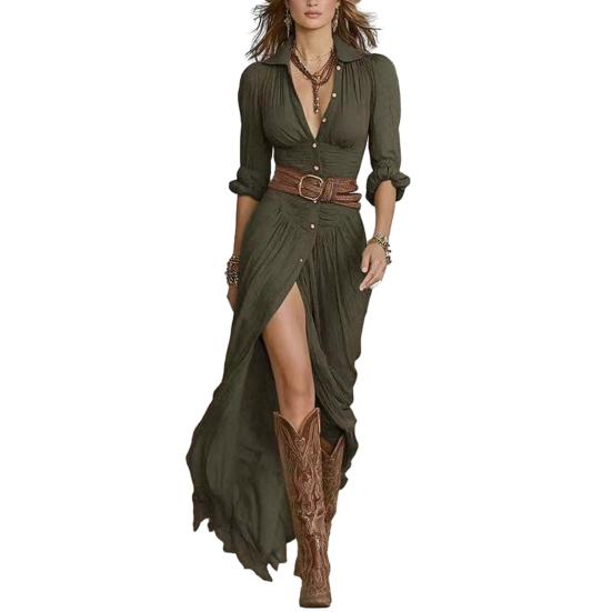 Women s Boho Maxi Dress with Belt Button Down Deep V Neck Flowy Long Dress Vintage Long Sleeve High Slit Western Cowgirl Shirt S