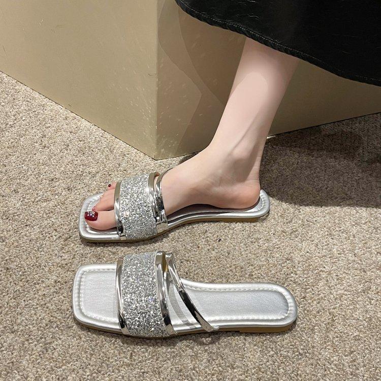 2024 Summer French Sequined Flat-bottomed Slippers Fairy Style with Skirt One-word Belt Large Size Flat-bottomed Sandals Drag Women Outside
