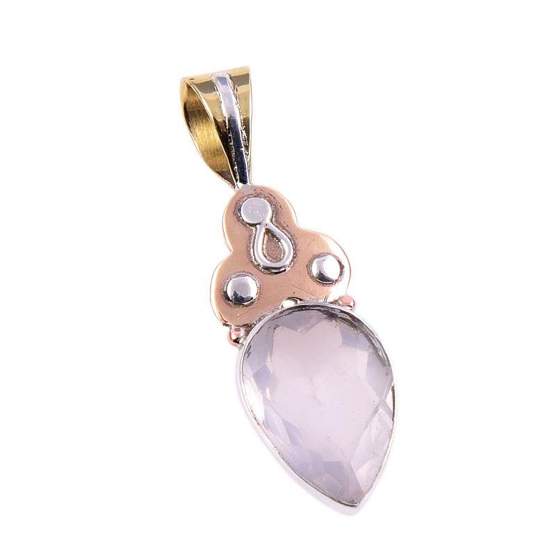 Natural Rose Quartz 925 Solid Sterling Silver Jewelry TwoTone Pendant 1.75" F5w52