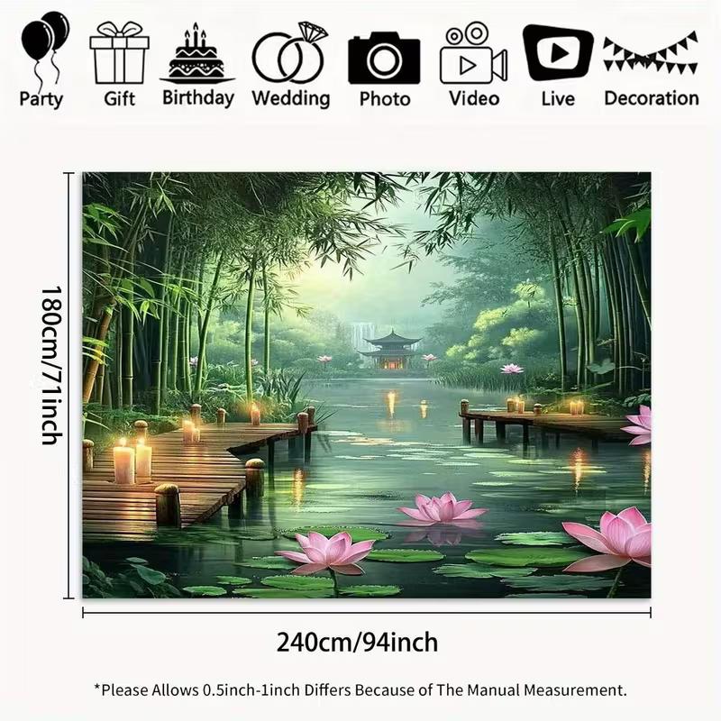 2D Zen Garden Bamboo Lake Tapestry Oriental Pavilion Wall Art Backdrop