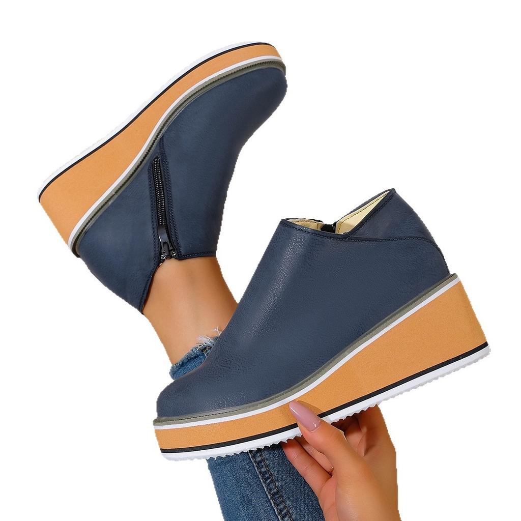 New autumn and winter women's short boots thick-soled wedge heel round head side zipper fashion boots large size women's shoes
