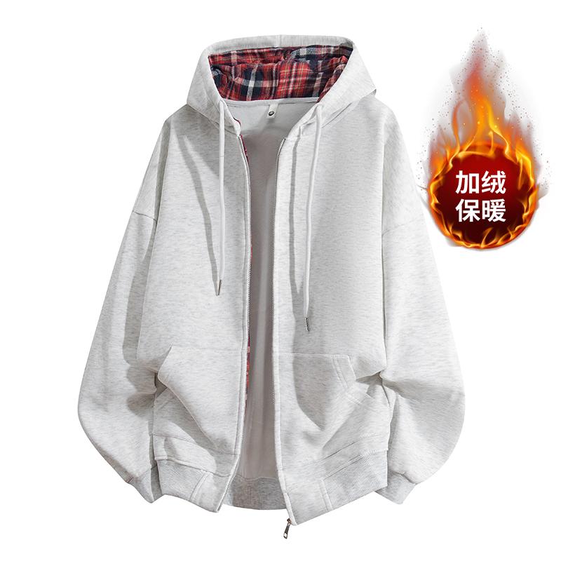 Unisex American Vintage Plaid Fleece Lined Zipper Hooded Sweatshirt Jacket