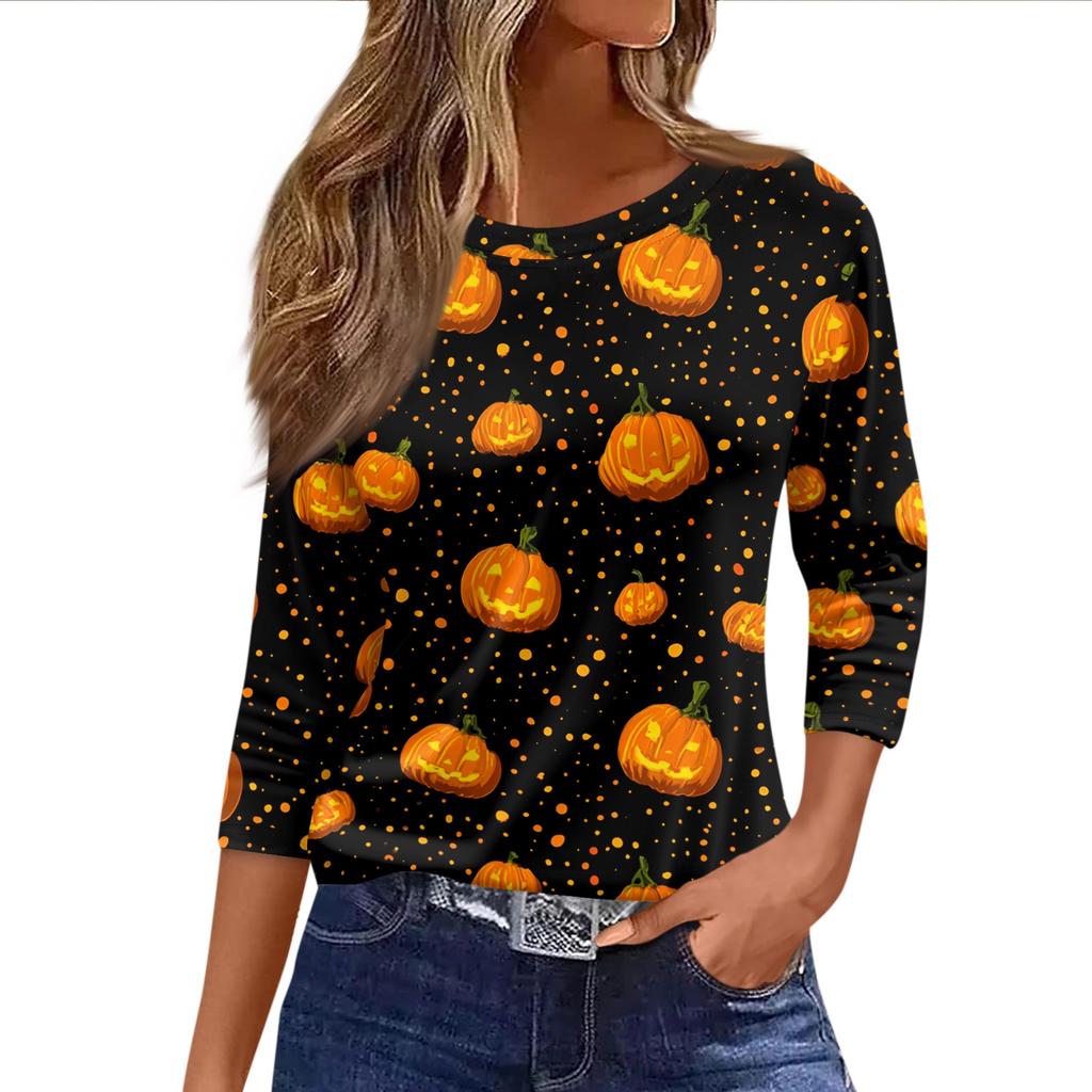 Women's Halloween and Pumpkin Print Short Sleeve Round Neck T-Shirt Casual Pullover Top