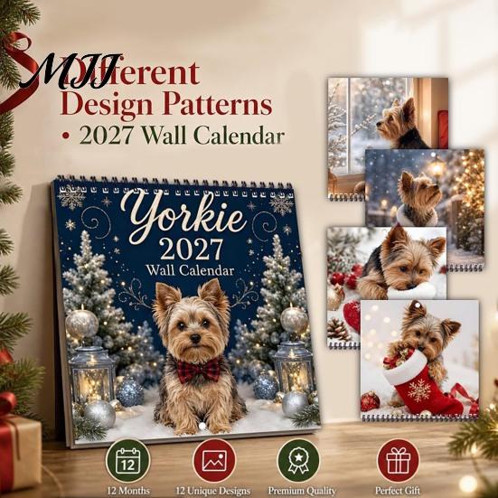 Dekorative Wandkunst Kalender Yorkshire Terrier 2027 Kalender, Hundethema 12 Monate mit Tierdekor Niedliche Yorkie Fotos, Spiralbindung Hängeplaner