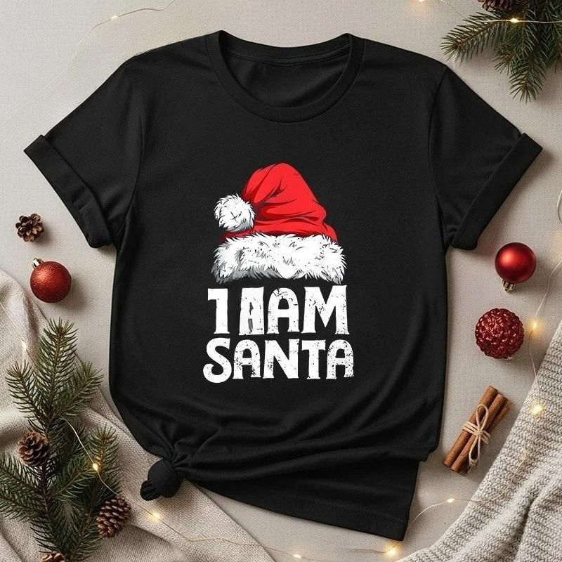 Fashionable Christmas hat printed pattern holiday Tshirt round neck short sleeved fashionable versatile Womens Tshirt