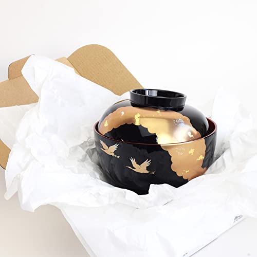 Maeju Lacquerware Zoni Bowl with Lid, Black Interior with Red Crane Design and Gold Mica, Large, 450ml, Traditional Craft, Yamanaka Lacquerware, Made