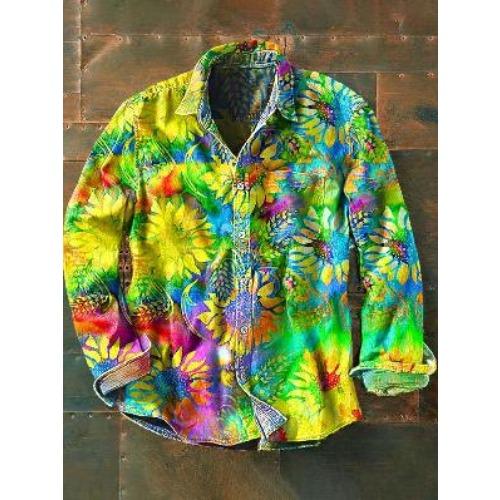 Retro-style Colour-block Print Men’s Long-sleeved Button-down Shirt