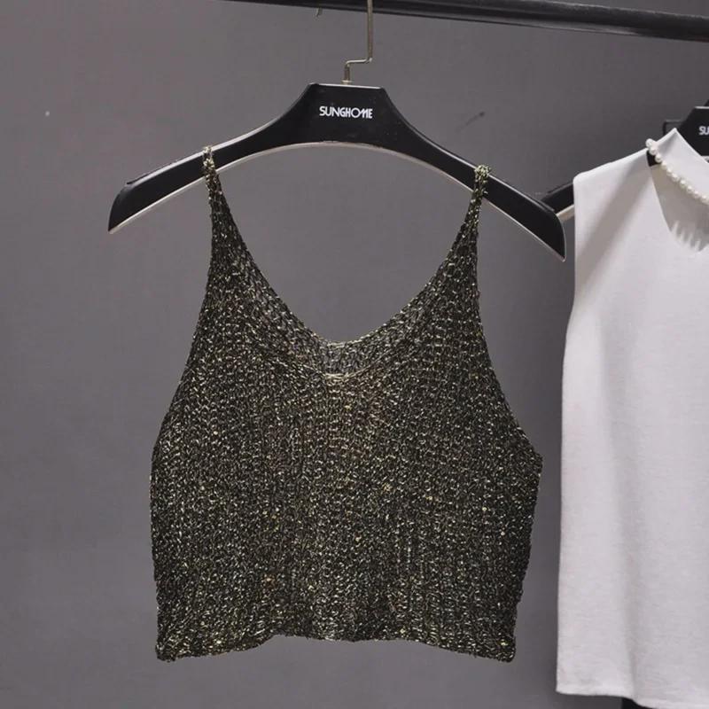 Spring/Summer 2022 Glitter Knit Crop Sweater - Sexy Hollow Design with Spaghetti Straps