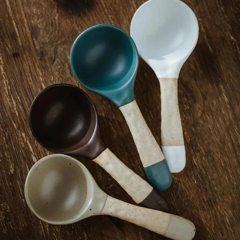 Japanese Creative Handmade Stoneware Large Soup Spoon Simple Household Tableware Ceramic Big Rice Spoons Home Kitchen Supplies
