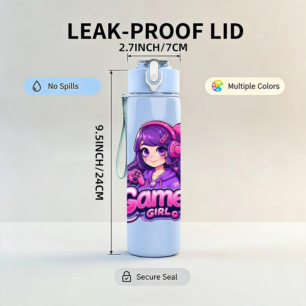 1PC Purple Hair Gamer Girl Cartoon 750ml Color Plastic Sports Water Bottle Leakproof Flip Straw Lid Suitable for Sports Office Home Use