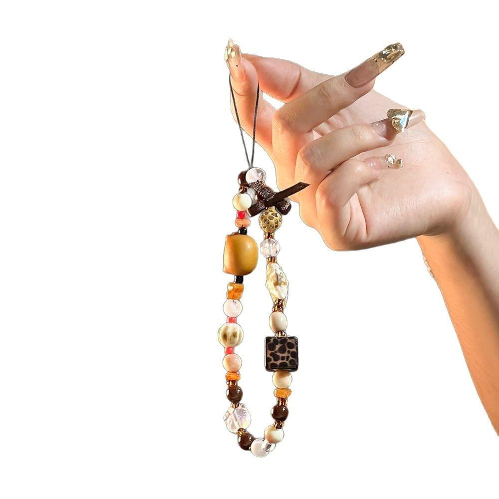 Vintage Brown Leopard Print KItty Cat Square Beaded Mobile Phone Case Chain Accessories Ccd Camera Lanyard Anti-lost Portable Rope