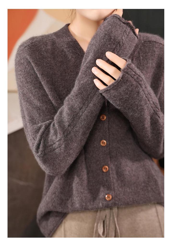 Autumn/Winter New Pure Wool Round Neck Long Sleeve Women's Cardigan Sweater Coat