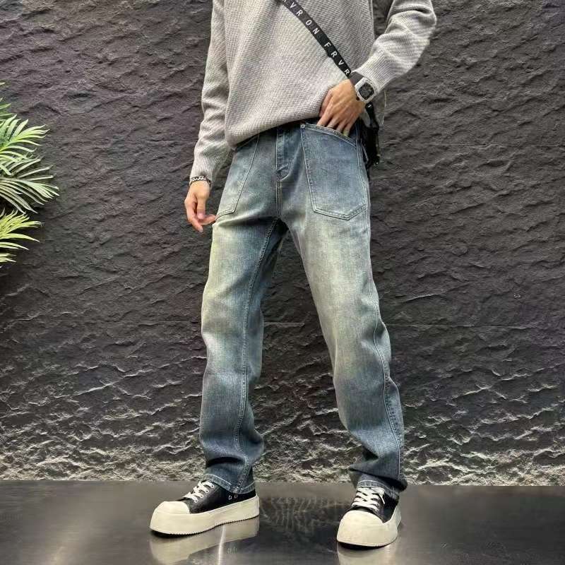 Loose washed blue jeans overalls American comfortable niche casual pants versatile straight men's long pants