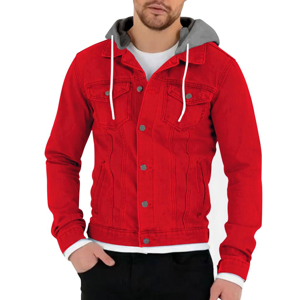 Men's Solid Color Outdoor Workwear Casual Loose Long-Sleeved Hooded Denim Jacket