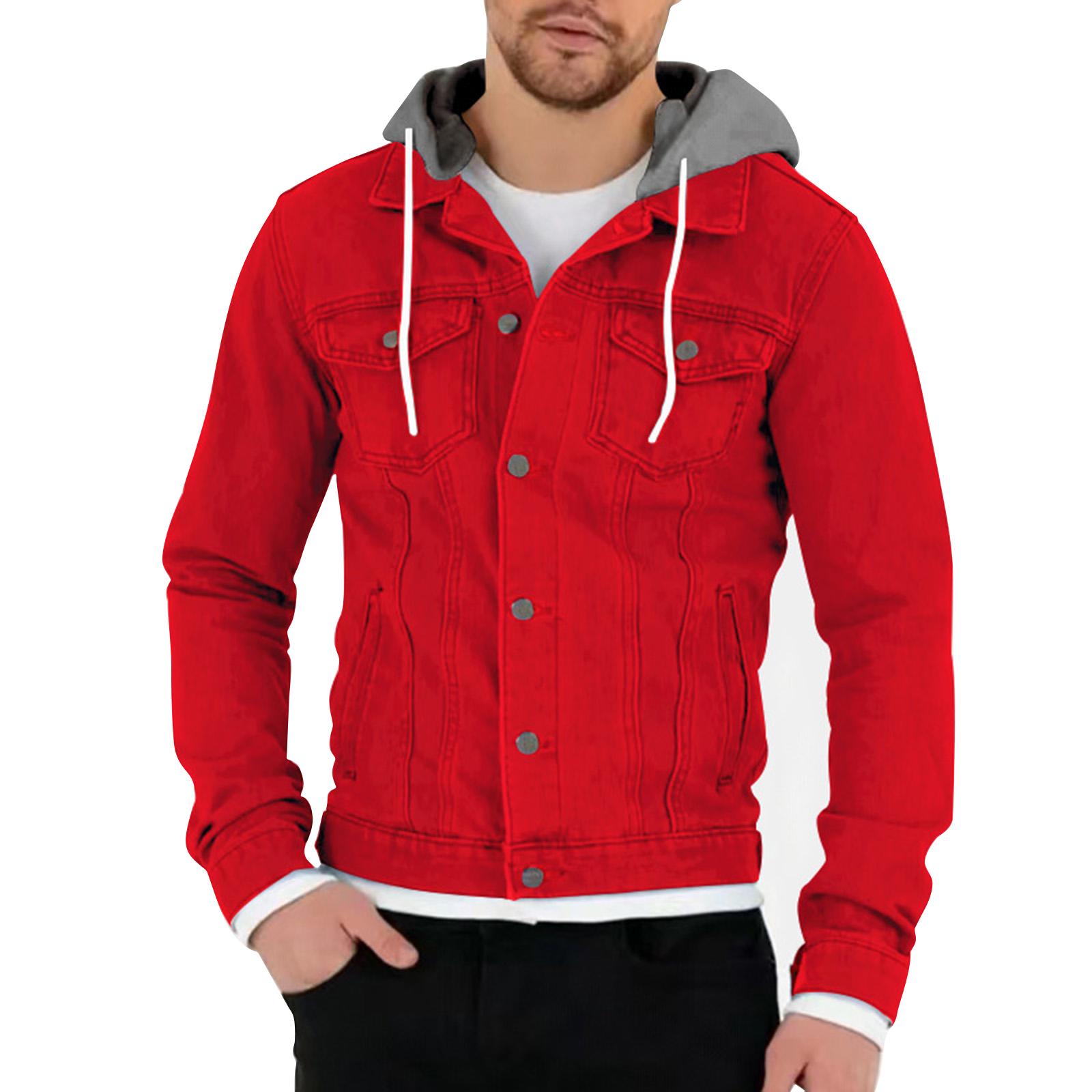 

Men s Solid Color Outdoor Workwear Casual Loose Long-Sleeved Hooded Denim Jacket M красный