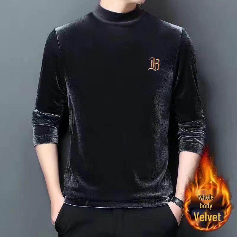 

2024 Мужская флисовая рубашка из золотого бархата с полувысоким воротником и вышивкой XXL серый