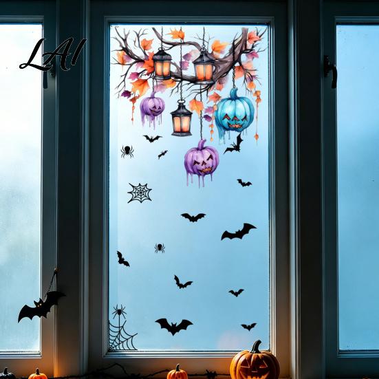 Funny Cat Bat Decals Halloween Static Cling Window Stickers Cute Ghost Pumpkin Glass Holiday Party Decorations Decals Removable Adhesive-Free