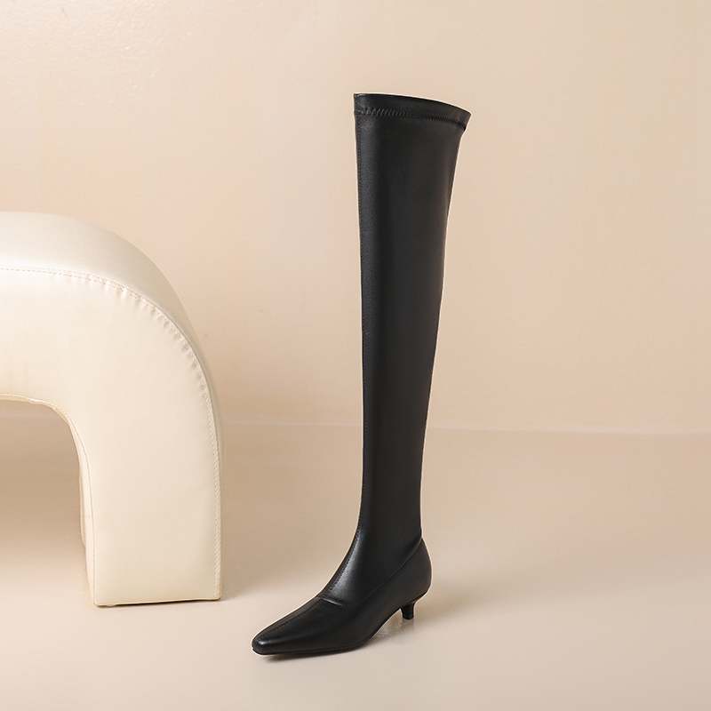 Krazing Pot Cow Skin Autumn Winter Shoes Low Heels Elastic Boots Big Size 46 Women Keep Warm Over-the-knee Boots