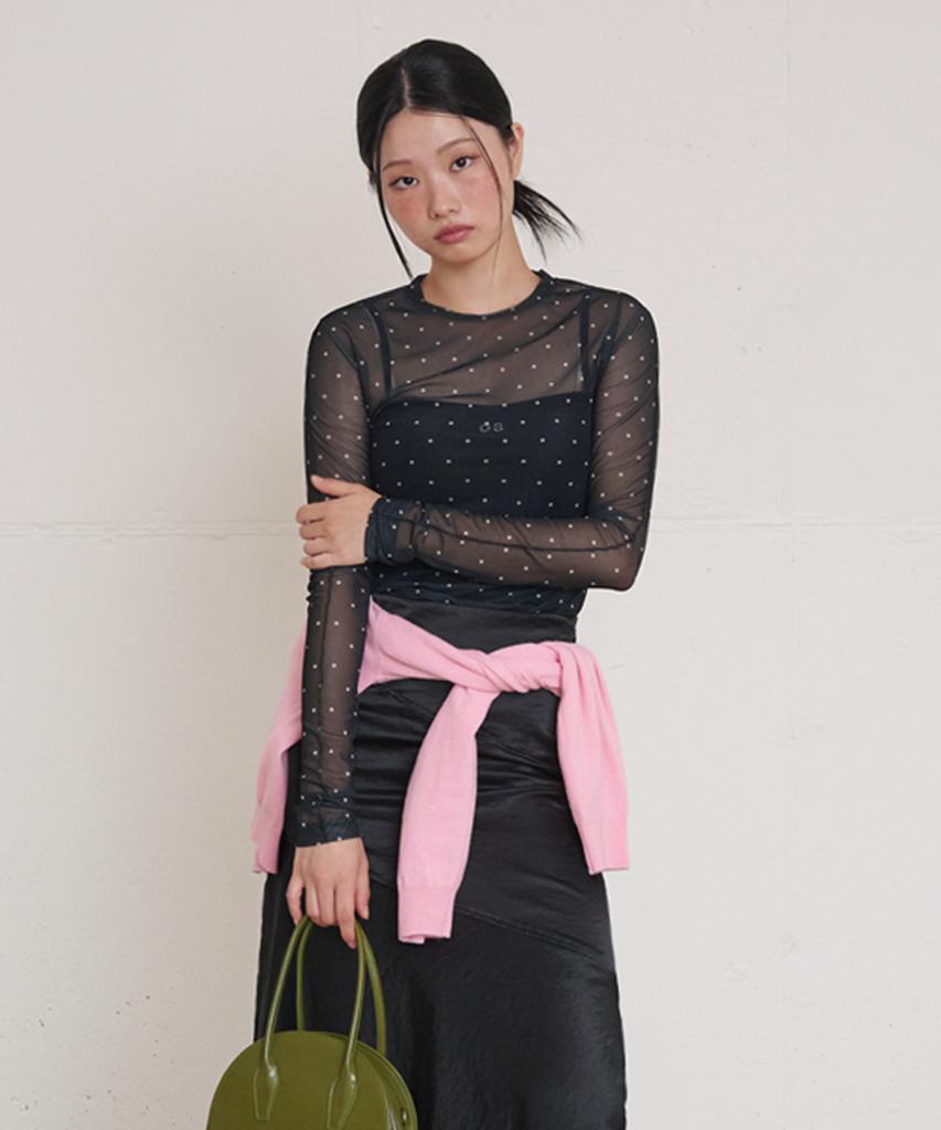OPENING SUNSHINE Dot See-Through Long Sleeve Mesh Top Black