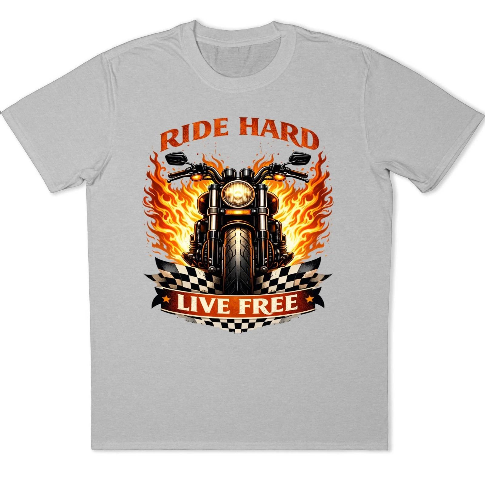 Ride Hard Live Free T-Shirt Flaming Motorcycle Skull Checkered Flag Graphic Tee M