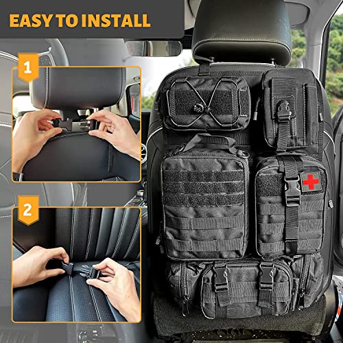 FUNY Tactical Car Seat Back Organizer, Upgraded Tactical Vehicle Panel Organizer with 5 Removable Molle Pouches, Universal Fit for Most Vehicles (Blac