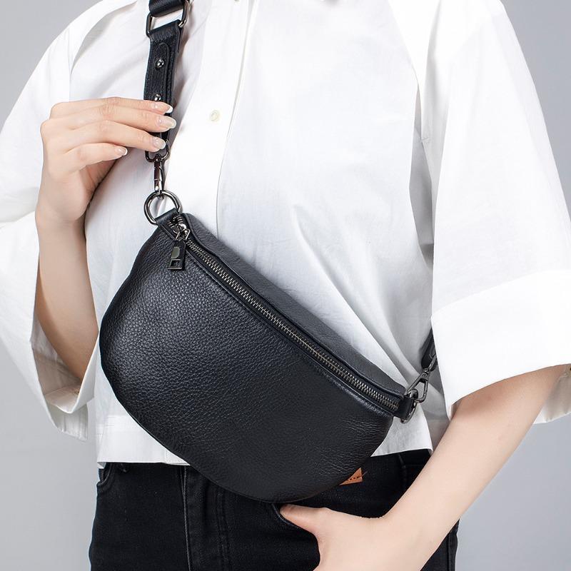 Leather Large-capacity Fanny Pack Women's Premium Messenger Bag New First-layer Cowhide Trendy Breast Bag Simple Shoulder Bag