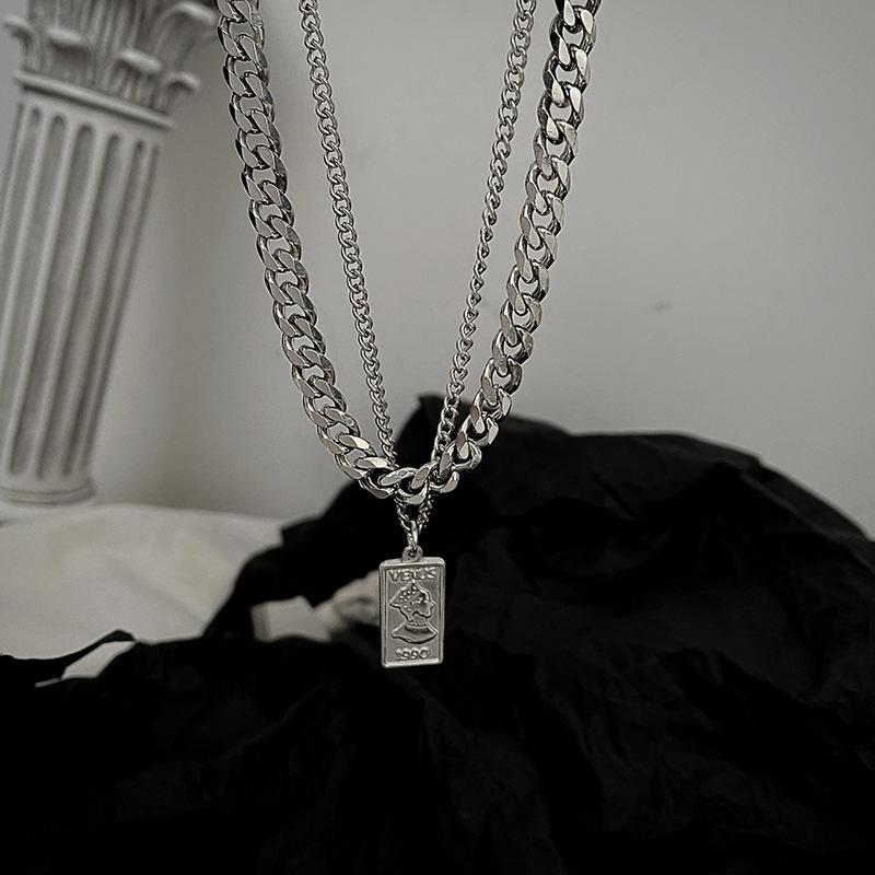 Layered Cuban Chain Necklace Silver Stainless Steel VENUS Coin Pendant Hip Hop Unisex Jewelry