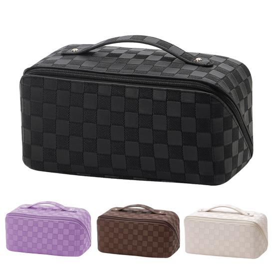 Travel Cosmetic Bag Waterproof Large Capacity Checkered Makeup Bag Open Flat Toiletry Bag for Women Skincare Brushes