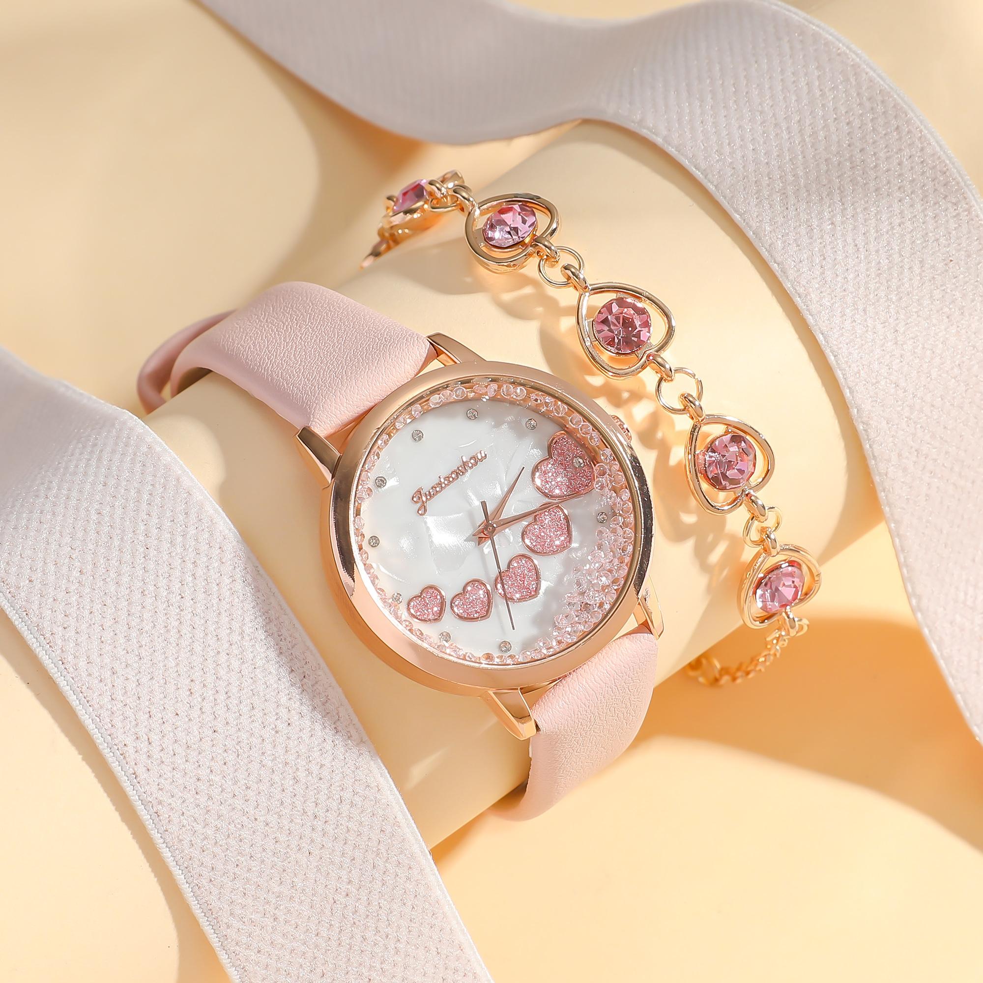 

No gift box Starry sky fashion drop beads heart leather watch quartz watch heart diamond inlay bracelet 2 pieces set розовый