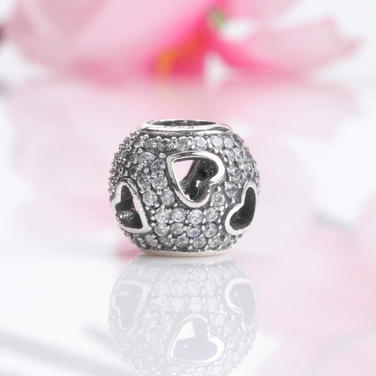 Pan Jia S925 Sterling Silver Rhinestone Heart Beads – European & American Style