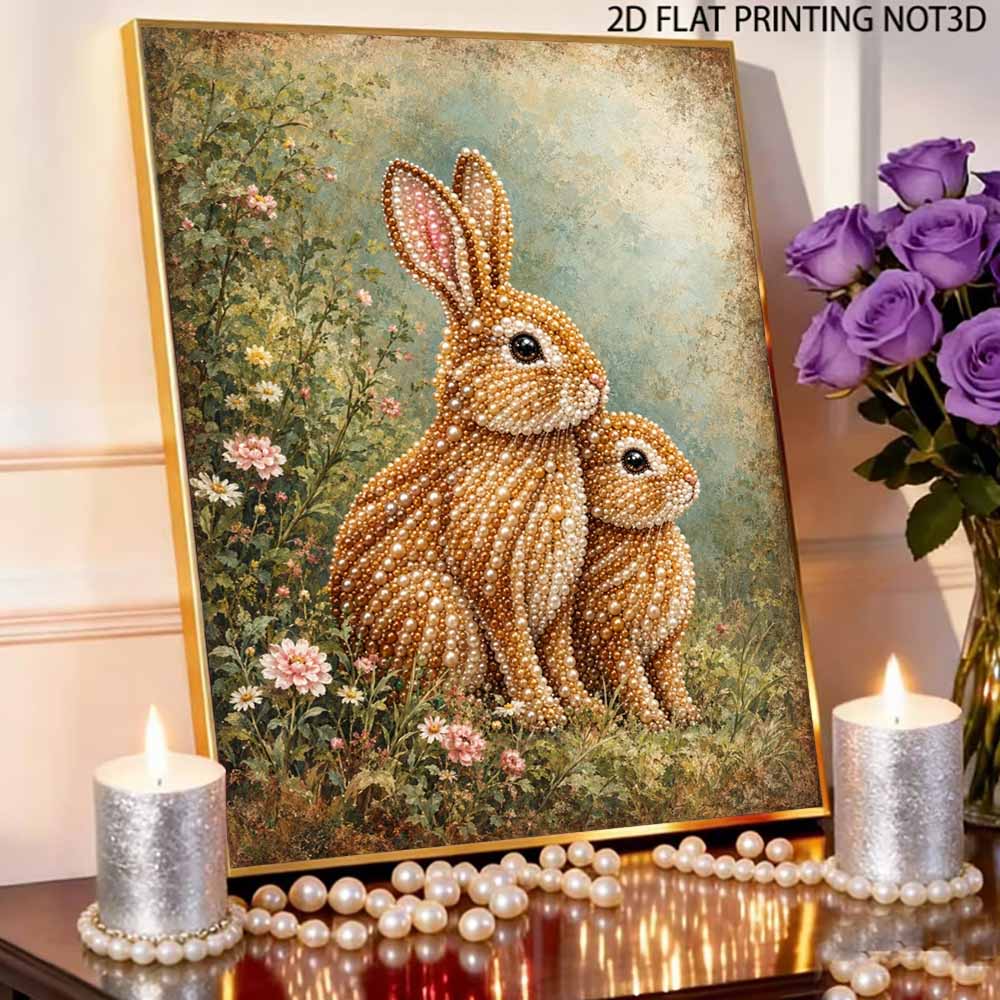 Two Rabbits Pearl Art Kit with Frame 3D Sparkling Bead Canvas Relaxing Craft for Cozy Room Wall Decor Aesthetic Floral Home Decoration