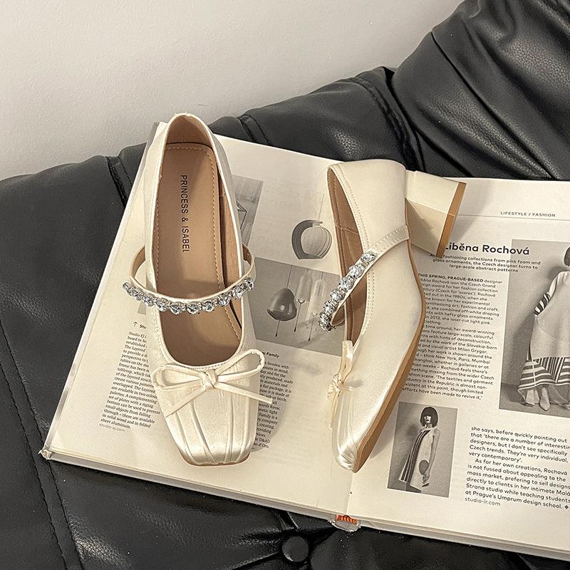 

Бантик толстый каблук высокие каблуки женские летние новые туфли-лодочки с квадратным носком и стразами с неглубоким вырезом Мэри Джейн 35